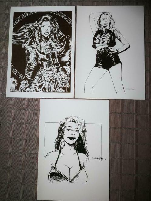 Set van 3 prenten frivole heldinnen uit strips jaren 90, Verzamelen, Foto's en Prenten, Zo goed als nieuw, Ophalen of Verzenden