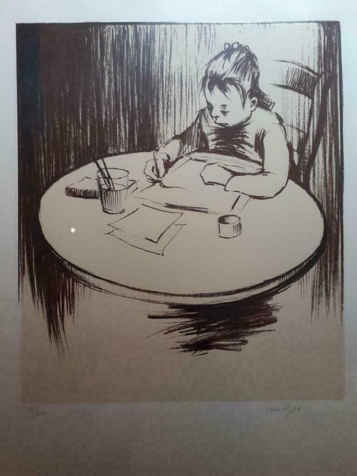 "Elsje aan tafel" - Freddy Van Dyck, Antiek en Kunst, Kunst | Litho's en Zeefdrukken, Ophalen of Verzenden