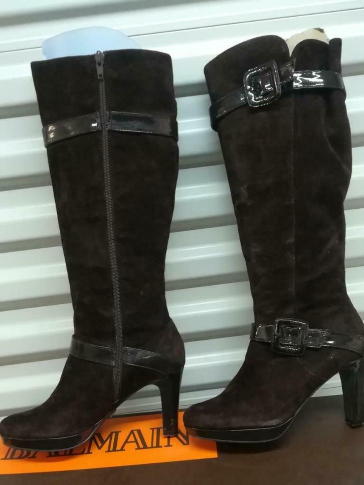 57B* BALMAIN mooie laarzen van chocoladeleer en suède (38), Kleding | Dames, Schoenen, Gedragen, Hoge laarzen, Bruin, Verzenden