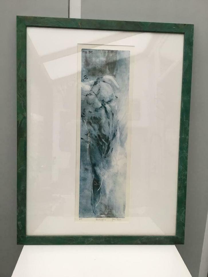 Greta Theunis Verdringing olieverf op papier in groene kader, Antiek en Kunst, Kunst | Schilderijen | Modern, Ophalen of Verzenden