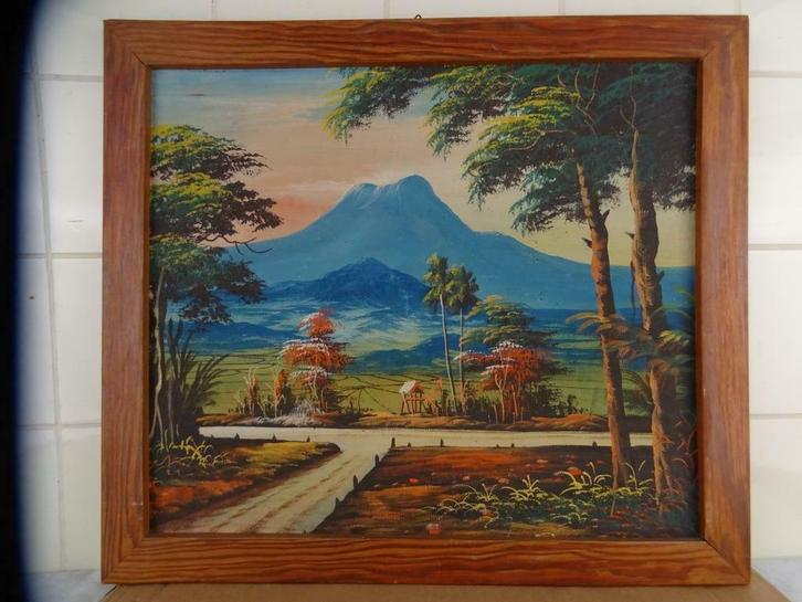 Peinture Asie coucher de soleil 1950 Cadre ancien 54,5 X47.7, Antiquités & Art, Art | Peinture | Moderne, Enlèvement ou Envoi