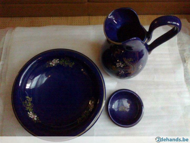 lampetstel blauw keramiek drie delig., Antiek en Kunst, Curiosa en Brocante