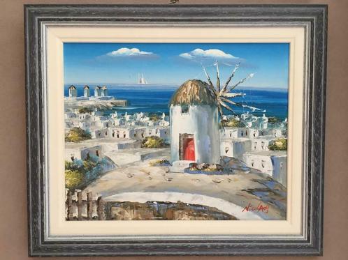 Schilderij van een Griekse windmolen, Antiquités & Art, Art | Peinture | Classique, Enlèvement ou Envoi