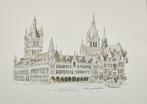 Pentekening Lakenhallen-Stadhuis-toren Kathedraal stad Ieper, Antiek en Kunst, Kunst | Tekeningen en Fotografie, Ophalen of Verzenden