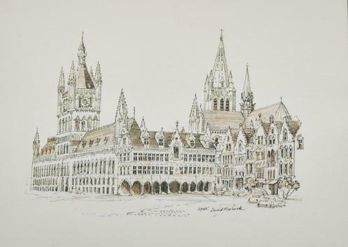 Pentekening Lakenhallen-Stadhuis-toren Kathedraal stad Ieper, Antiek en Kunst, Kunst | Tekeningen en Fotografie, Ophalen of Verzenden