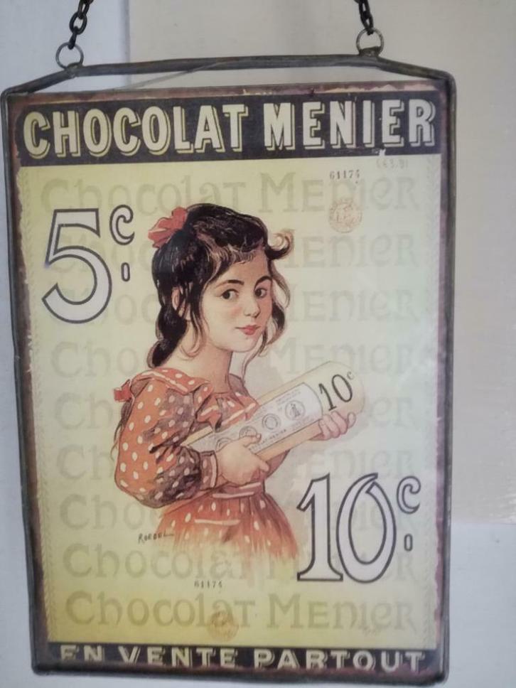 vintage postcard chocolat menier metalen/glas kader, Verzamelen, Merken en Reclamevoorwerpen, Zo goed als nieuw, Reclamebord, Ophalen of Verzenden