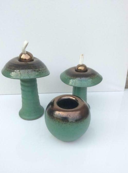 3 belles lampes à huile champignon d'art signées, Antiquités & Art, Curiosités & Brocante, Enlèvement ou Envoi