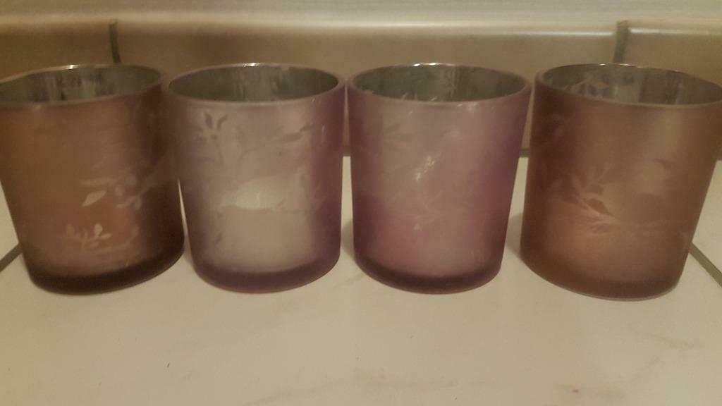 4 paarskleurige theelichthouders, Gebruikt, Overige kleuren, Ophalen of Verzenden, Kandelaar