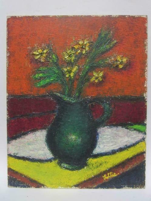 Mooi retro schilderij - bloemen in een vaas - olie op paneel, Antiek en Kunst, Curiosa en Brocante, Ophalen of Verzenden