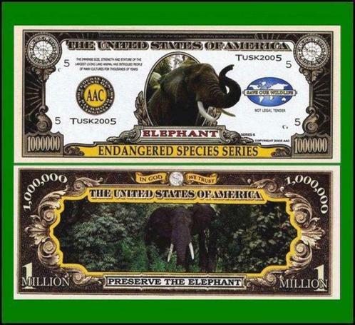 USA 1 Million Dollar Bankbiljet 'Olifant' Endangered - UNC, Timbres & Monnaies, Billets de banque | Amérique, Billets en vrac