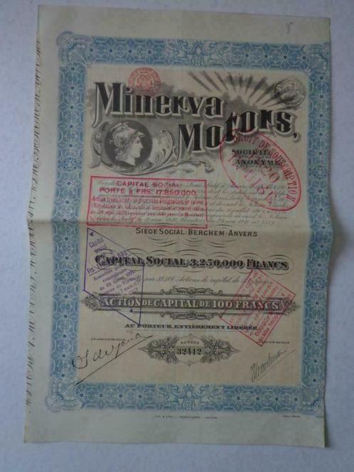 aandeel Minerva Motors Berchem-Antwerpen nr 32430, Postzegels en Munten, Aandelen en Waardepapieren, Aandeel, 1920 tot 1950, Ophalen of Verzenden
