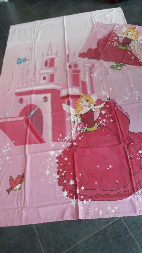 katoenen dekbedovertrek; roos met prinses + kasteel (1pers), Kinderen en Baby's, Kinderkamer | Beddengoed, Gebruikt, Dekbedovertrek