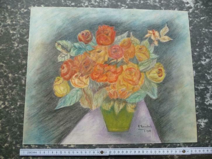 A. LAMBERT (??) MOOIE PASTEL - BLOEMEN - ORIGINEEL GESIGNEER, Antiek en Kunst, Kunst | Schilderijen | Klassiek, Ophalen of Verzenden