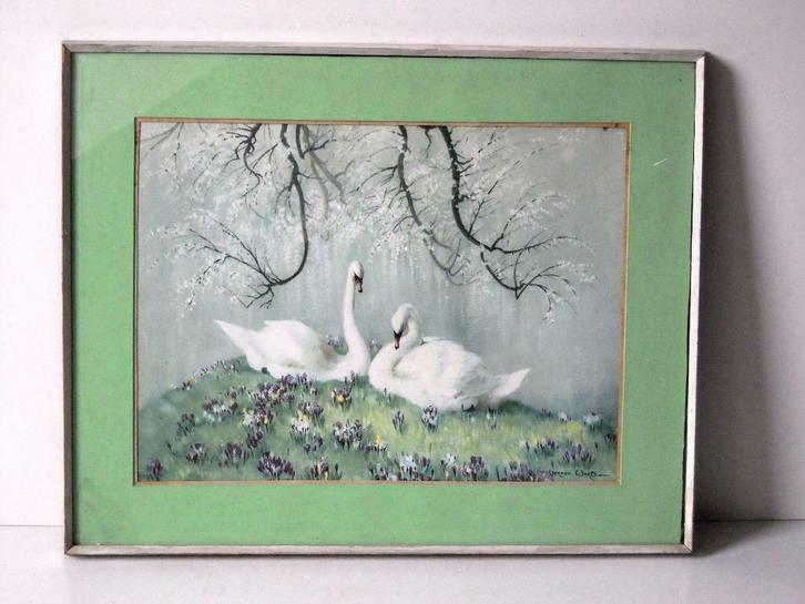 Antieke kader "Zwanen aan het meer" - Vernon Ward, Antiek en Kunst, Curiosa en Brocante, Ophalen of Verzenden