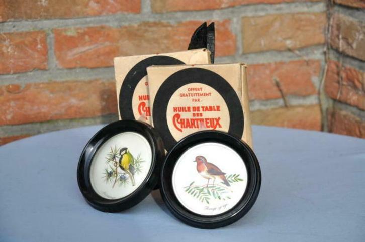 § 2 petits cadres avec image d'oiseaux pub huile chartreuse, Verzamelen, Supermarktacties, Overige supermarkten, Ophalen of Verzenden