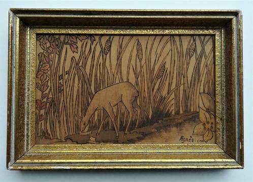 Mooi oud tafereel van ree in pyrografie gesigneerd 1951, Antiek en Kunst, Kunst | Etsen en Gravures, Ophalen of Verzenden