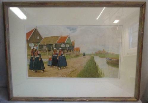 Henri Cassiers litho Hollands landschap en folklore vrouwen, Antiquités & Art, Art | Lithographies & Sérigraphies, Envoi