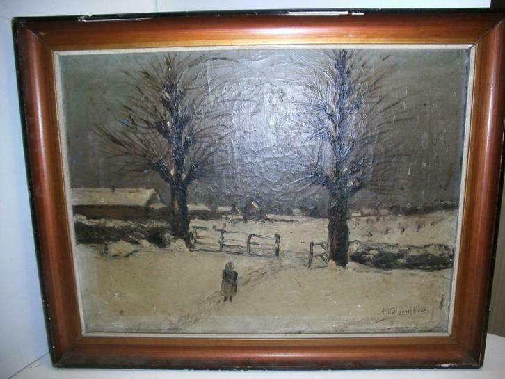 Schilderij-Sneeuwlandschap met wandelaar (S063), Antiek en Kunst, Kunst | Schilderijen | Klassiek, Ophalen of Verzenden