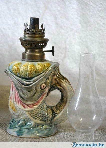 lampe "poisson" en barbotine/majolica de wasmuel/amc, Antiquités & Art, Antiquités | Éclairage