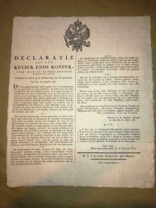 BELGIQUE - PAYS BAS AUTRICHIENS - AFFICHE 1787, Verzamelen, Militaria | Algemeen, Landmacht, Foto of Poster, Ophalen of Verzenden