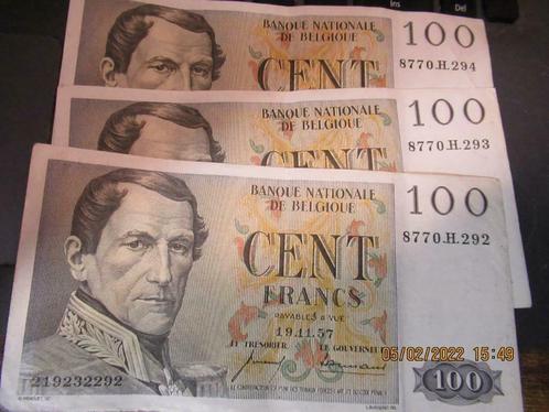 3 biljetten van 100 frank 19.11.57 N volgen elkaar op, Postzegels en Munten, Bankbiljetten | België, Los biljet, Verzenden