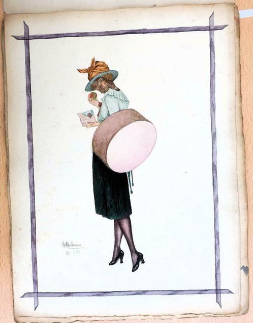 A378 H. ABAHOUNI 1918 Dame met appel, Antiek en Kunst, Kunst | Tekeningen en Fotografie, Ophalen of Verzenden