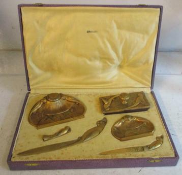 art deco bronzen bureaustel 6 stuks met papegaaien Perrin, Envoi