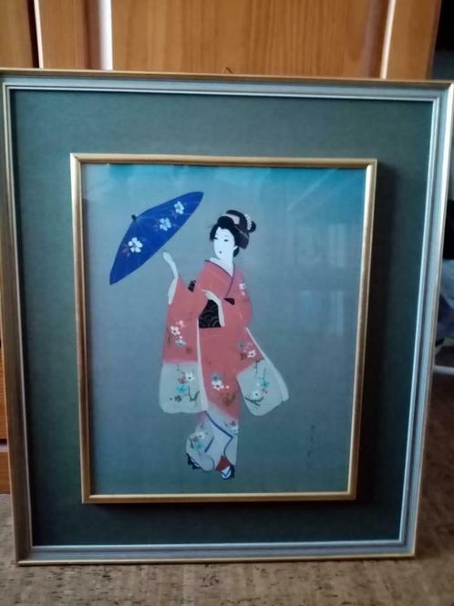 Peinture traditionnel japonaise  sur  soie "Bijing-ga" 1950, Antiquités & Art, Art | Peinture | Classique, Enlèvement