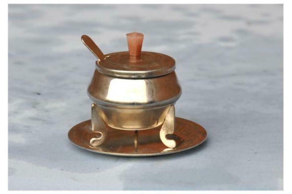 §moutardier en métal avec coupelle et cuillère, Antiquités & Art, Enlèvement ou Envoi