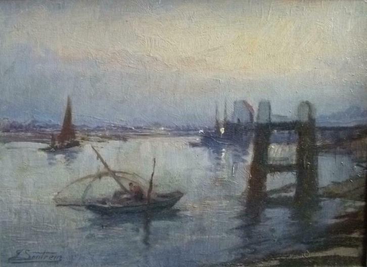 Vissersbootje bij staketsel bij valavond / Jules Lentrein, Antiek en Kunst, Kunst | Schilderijen | Klassiek, Verzenden