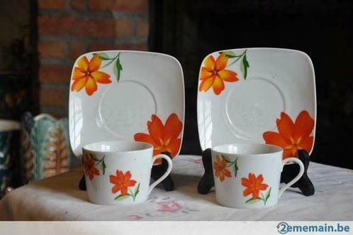 2 tasses déjeuner tête à tête fleur orange, Huis en Inrichting, Keuken | Servies, Gebruikt, Kop(pen) en/of Schotel(s), Ophalen of Verzenden