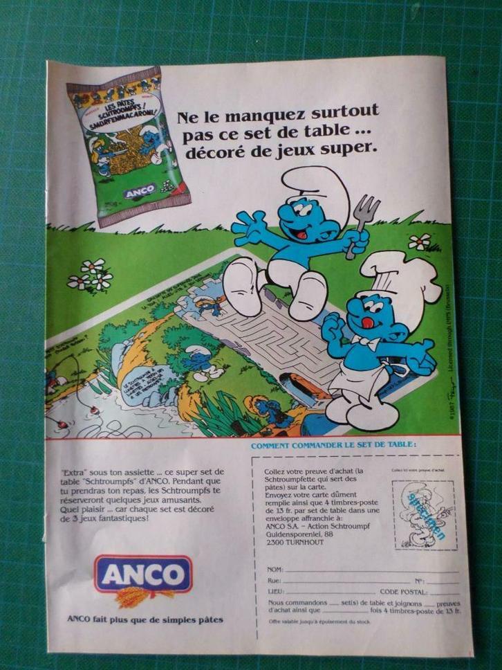 Schtroumpfs - publicité papier pâte Anco set de table - 1987, Verzamelen, Stripfiguren, Gebruikt, Overige typen, Smurfen, Ophalen of Verzenden
