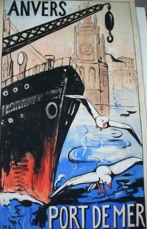 Madeleine DUGUET Anvers port de Mer projet affiche huile, Antiquités & Art, Art | Peinture | Moderne, Enlèvement