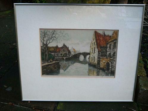 Kleurenets - 'Zicht op Brugge' -gesigneerd- circa 1930 -, Antiquités & Art, Art | Peinture | Classique, Enlèvement