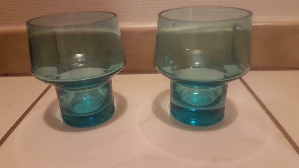 duo blauwe theelichthouders, Overige materialen, Blauw, Ophalen of Verzenden, Zo goed als nieuw