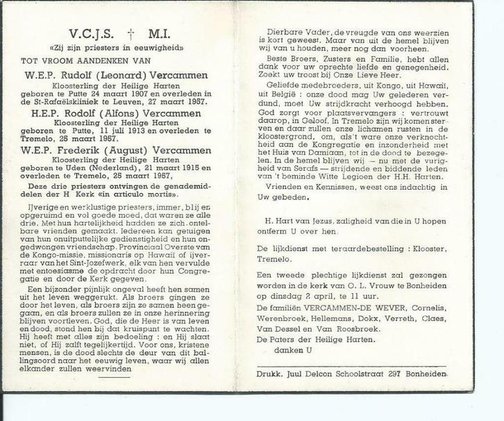 RP Broeders Vercammen  3xgeestelijken samen verongelukt, Verzamelen, Bidprentjes en Rouwkaarten, Rouwkaart, Verzenden
