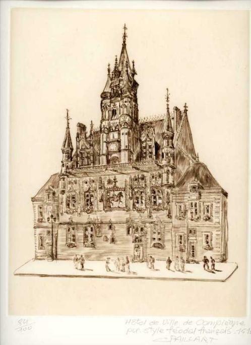 Jolie gravure de l'Hotel de Ville de Compiègne (C Paillart), Antiquités & Art, Art | Eaux-fortes & Gravures, Enlèvement ou Envoi