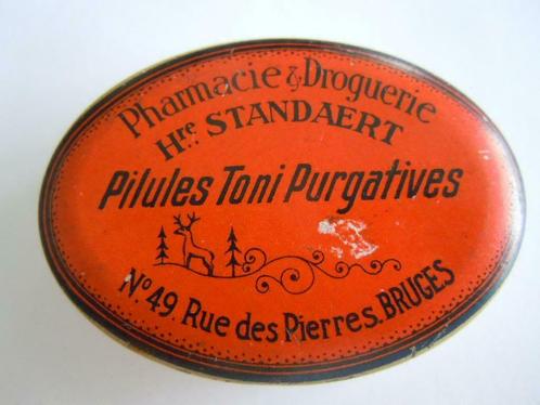 Ancienne boîte pour pilules de la pharmacie Standaert Bruges, Collections, Boîte en métal, Utilisé, Autre, Autres marques, Enlèvement ou Envoi