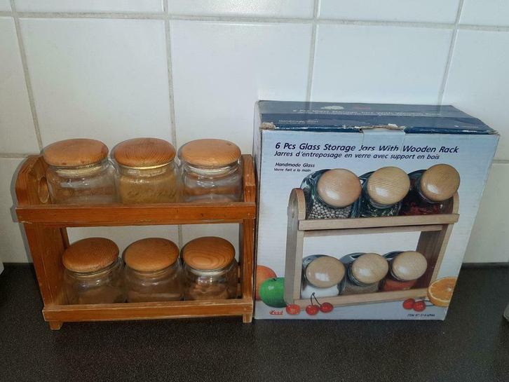 Kruiden- en specerijen rek met 6 glazen stevige potjes, Huis en Inrichting, Keuken | Servies, Gebruikt, Overige typen, Glas, Ophalen
