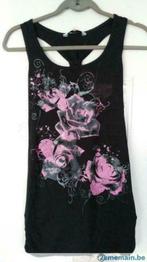 t-shirt dame fleurs roses brillantes, Comme neuf, Noir, Sans manches, Enlèvement ou Envoi