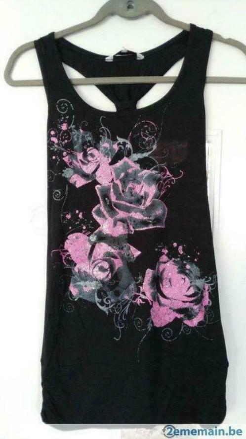 t-shirt dame fleurs roses brillantes, Kleding | Dames, T-shirts, Zo goed als nieuw, Zwart, Zonder mouw, Ophalen of Verzenden