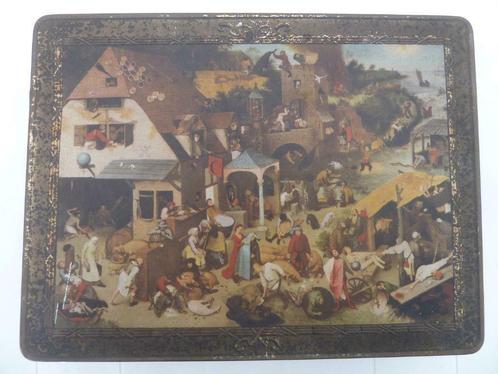 Boîte en fer blanc Proverbes de P. Brueghel « Le mauvais mon, Collections, Boîte en métal, Utilisé, Biscuits, Autres marques, Enlèvement ou Envoi