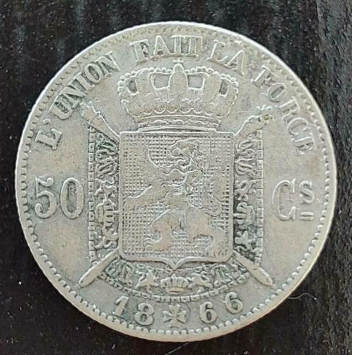 Belgium 1866 - 50 Centiem FR Zilver - Leopold II - Morin 180, Postzegels en Munten, Munten | België, Losse munt, Zilver, Zilver