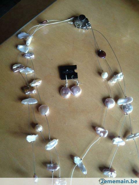 Parure NEUVE perles biwa collier et boucles oreilles, Bijoux, Sacs & Beauté, Colliers, Neuf, Autres matériaux