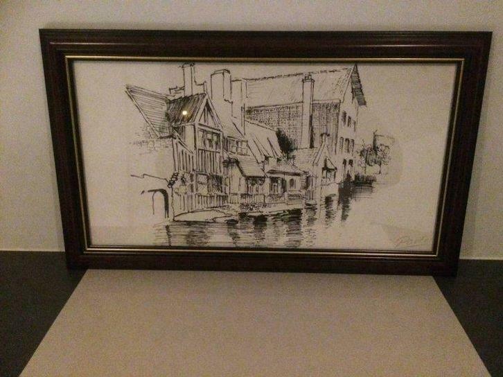 Ingekaderde pentekening "Porto aan de Douro", Antiek en Kunst, Kunst | Tekeningen en Fotografie