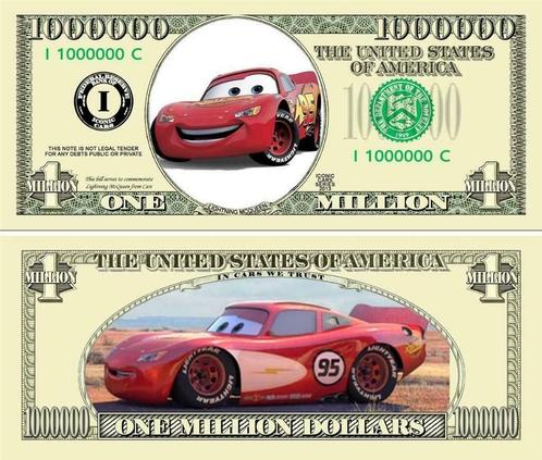 USA 1 million $ bankbiljet Cars (Pixar/Disney) NIEUW & UNC, Postzegels en Munten, Bankbiljetten | Amerika, Los biljet, Noord-Amerika