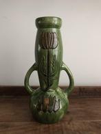 Groen bruine retro vintage vaas met grepen 27 cm h, Enlèvement ou Envoi