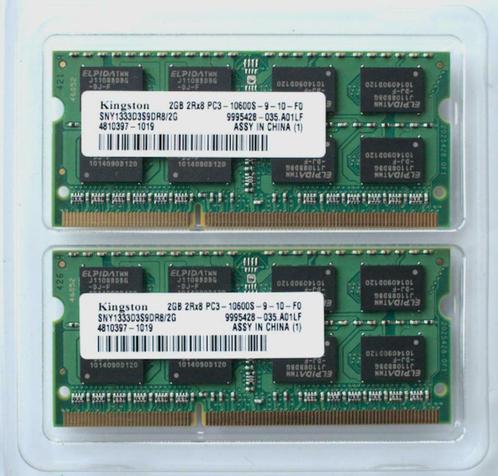 Kit Kingston 2 x 2 GB 2Rx8 PC3-10600S-9 DDR3 SODIMM, Informatique & Logiciels, Mémoire RAM, Comme neuf, Laptop, 2 GB, DDR3, Enlèvement ou Envoi