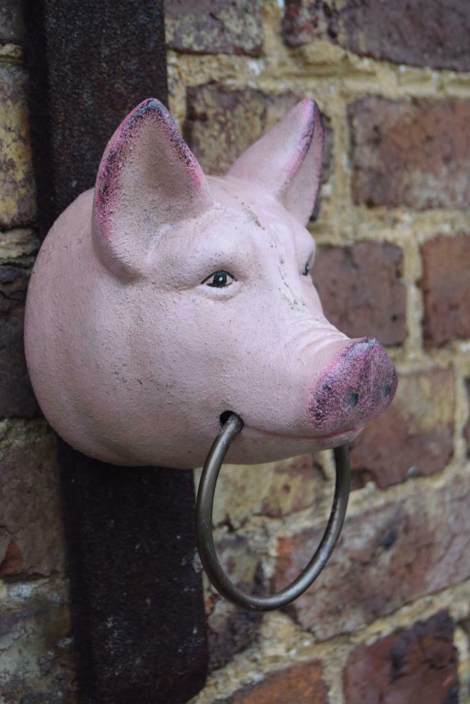 Gepatineerde gietijzeren varkenskop (handdoekhouder), Tuin en Terras, Tuinwanddecoratie, Zo goed als nieuw, Ophalen of Verzenden