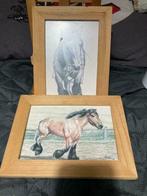Lot de 2 cadres en bois + dessins chevaux - 21 x 15,5cm, Bois, Moins de 50 cm, Utilisé, Moins de 50 cm